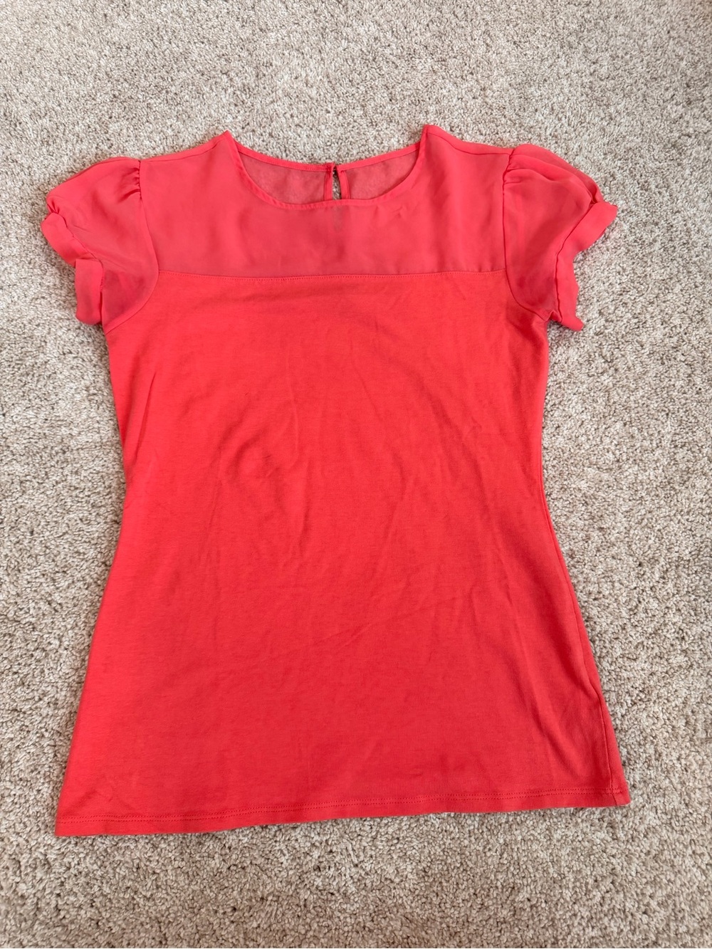 Express Coral Short Sleeve Sheer-Yoke Tee